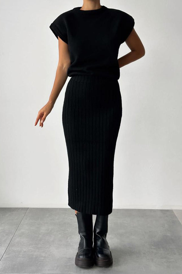 Knit Short Sleeve Sweater and Stretch Ribbed Midi Skirt Set