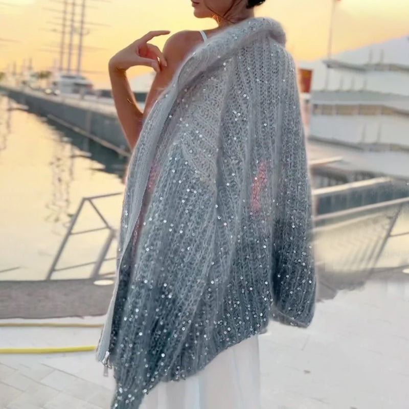 Knitted Sweater Jacket With Solid Color Sequins