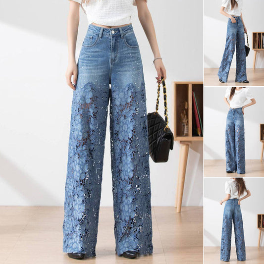 Women's High-Waisted Blue Denim Wide-Leg Pants (Hollow-out Lace Panels)