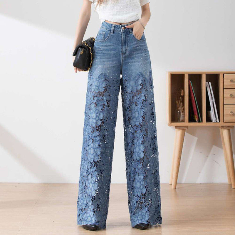 Women's High-Waisted Blue Denim Wide-Leg Pants (Hollow-out Lace Panels)