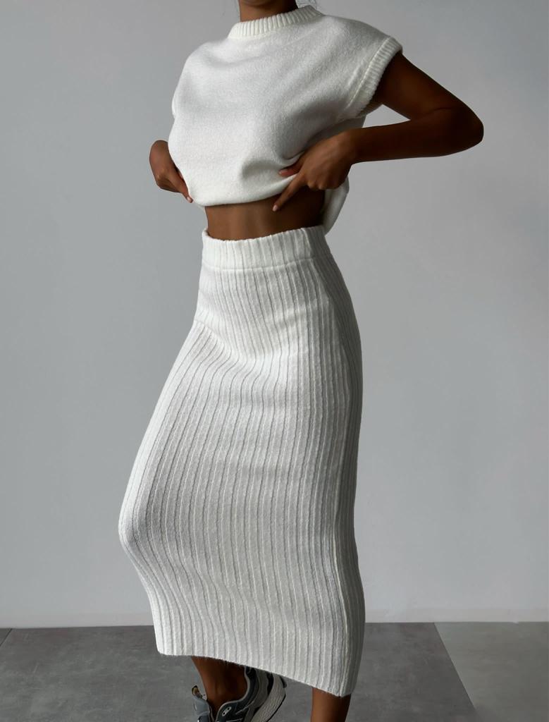 Knit Short Sleeve Sweater and Stretch Ribbed Midi Skirt Set
