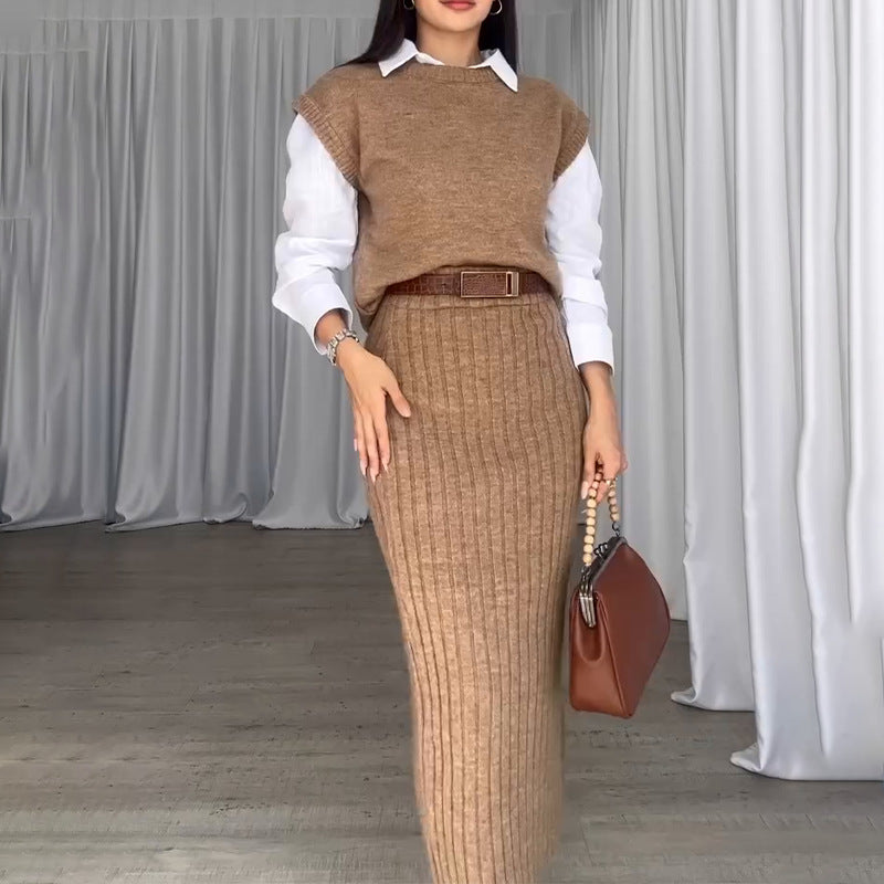 Knit Short Sleeve Sweater and Stretch Ribbed Midi Skirt Set