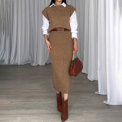 Knit Short Sleeve Sweater and Stretch Ribbed Midi Skirt Set