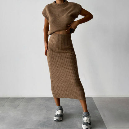 Knit Short Sleeve Sweater and Stretch Ribbed Midi Skirt Set