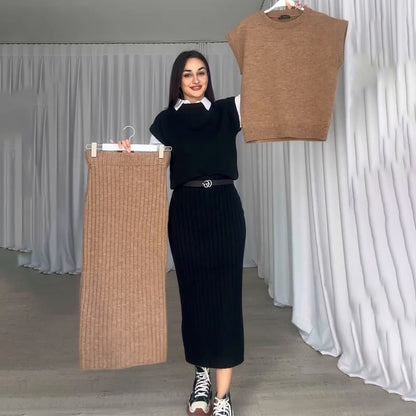 Knit Short Sleeve Sweater and Stretch Ribbed Midi Skirt Set