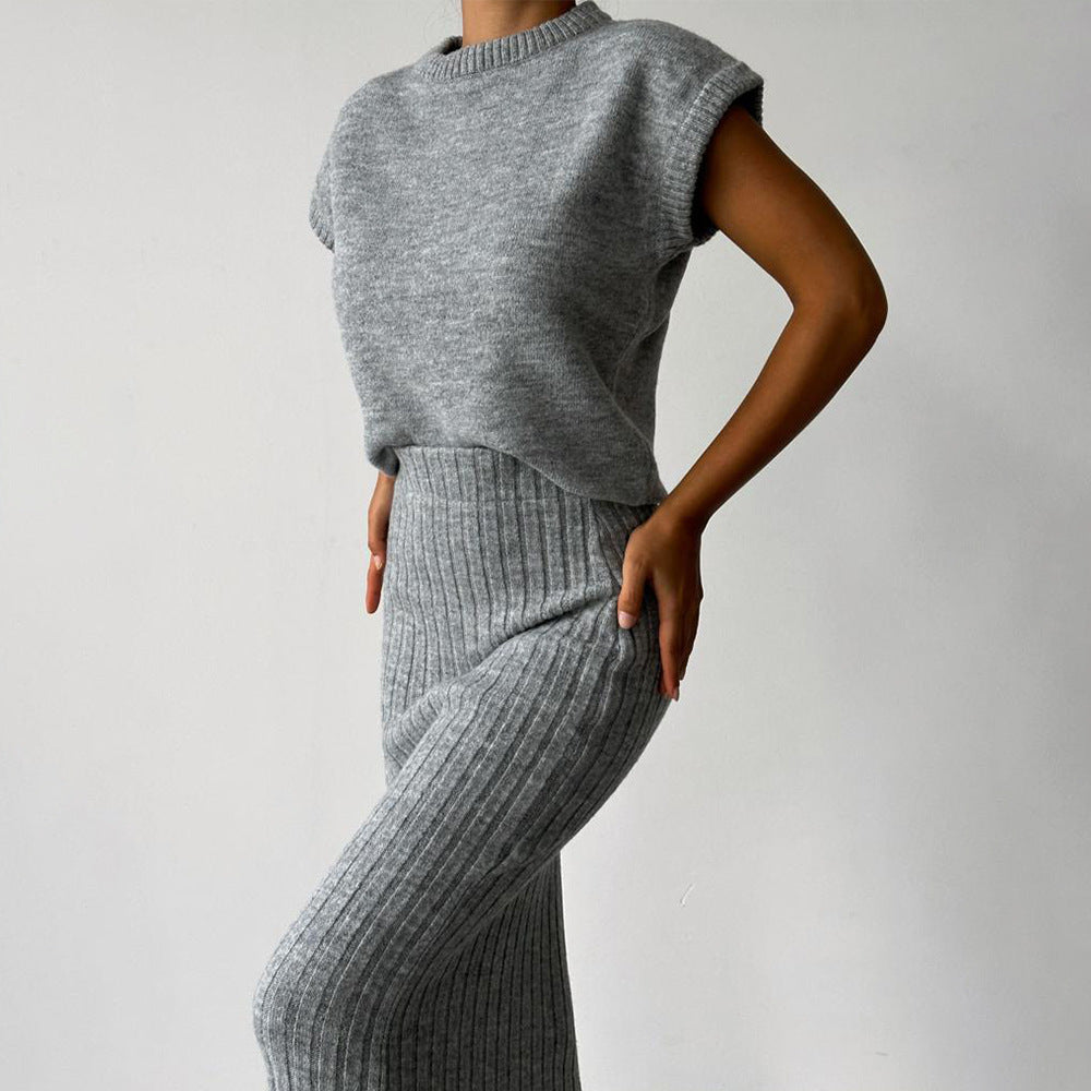 Knit Short Sleeve Sweater and Stretch Ribbed Midi Skirt Set