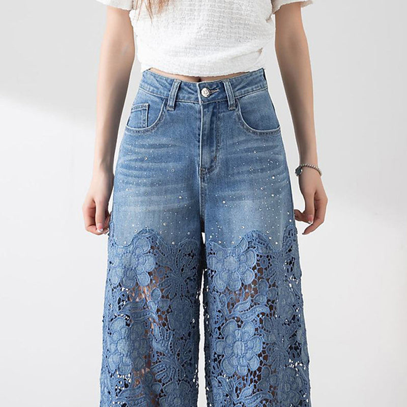 Women's High-Waisted Blue Denim Wide-Leg Pants (Hollow-out Lace Panels)