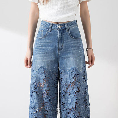 Women's High-Waisted Blue Denim Wide-Leg Pants (Hollow-out Lace Panels)