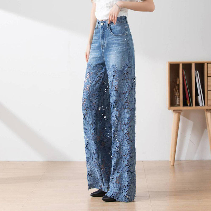 Women's High-Waisted Blue Denim Wide-Leg Pants (Hollow-out Lace Panels)
