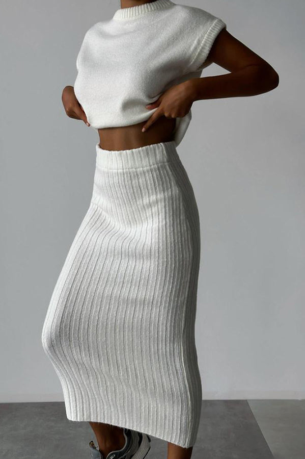Knit Short Sleeve Sweater and Stretch Ribbed Midi Skirt Set